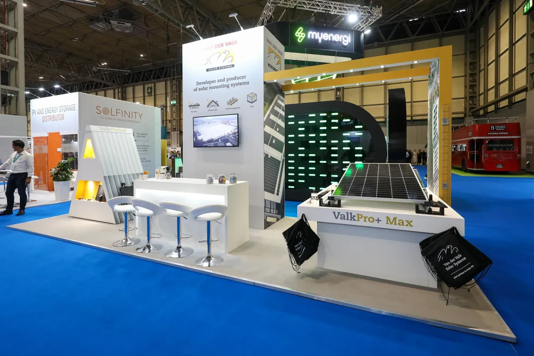 Exhibition stand at the Installer Show, with lighting effects and bar